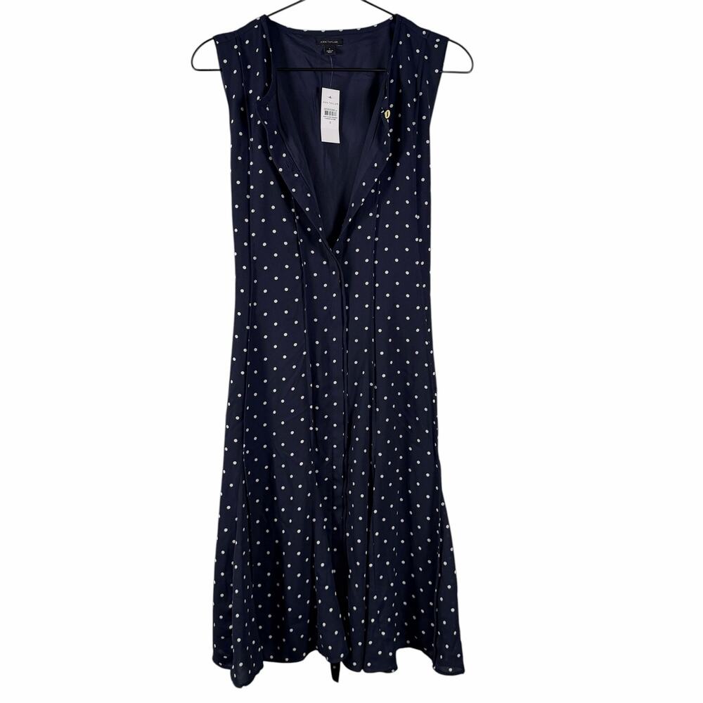 NWT Ann Taylor Blue & White Dotted Pleated Sleeveless Knee Length Dress Size 8